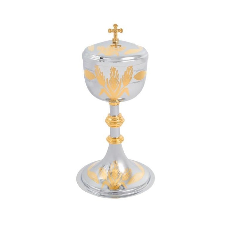 CIBÓRIO DOURADO INTERNO C/ DETALHES EM PRATA 23CM DE ALTURA