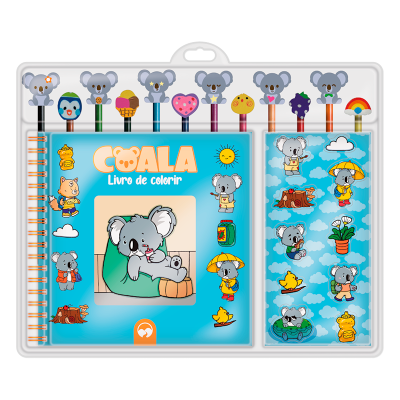 COALA: ESCOLAR LIVRO DE COLORIR COM 12 LÁPIS E 12 BORRACHAS TEMÁTICAS