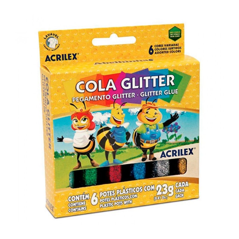 COLA COLORIDA ACRILEX COM GLITER 06 CORES