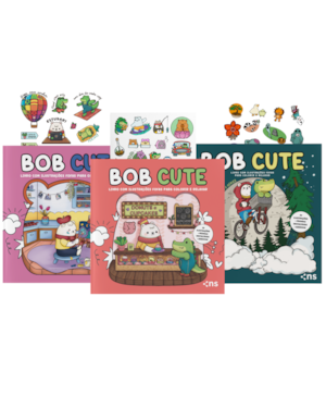 COMBO BOB CUTE - KIT COM 3 LIVROS DE COLORIR PARA TODAS AS IDADES: ACOMPANHA ADESIVOS E ILUSTRAÇÕES ORIGINAIS FOFAS - PAPEL 180GR