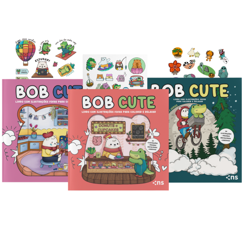 COMBO BOB CUTE - KIT COM 3 LIVROS DE COLORIR PARA TODAS AS IDADES: ACOMPANHA ADESIVOS E ILUSTRAÇÕES ORIGINAIS FOFAS