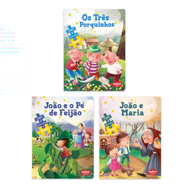 COMBO CONTOS DE FADAS COM QUEBRA-CABEÇAS: OS TRÊS PORQUINHOS, JOÃO E MARIA E JOÃO E O PÉ DE FEIJÃO