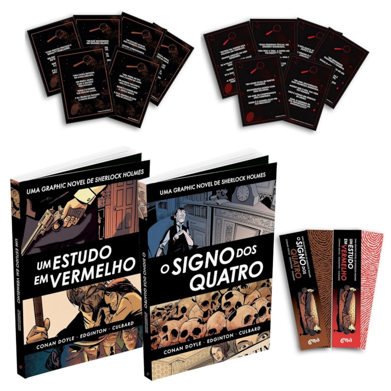 COMBO SHERLOCK HOLMES - HQS INÉDITAS: SHERLOCK HOLMES: O SIGNO DOS QUATRO / SHERLOCK HOLMES: UM ESTUDO EM VERMELHO - ACOMPANHA CARDS E MARCADOR EXCLUSIVOS