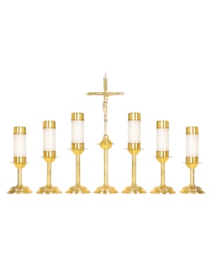 CONJUNTO 6 CASTIÇAIS + CRUZ ALTAR MODELO 1 - METAL COMUM