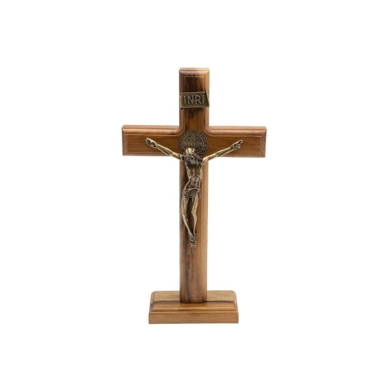 CRUCIFIXO DE MESA SÃO BENTO MADEIRA 26CM DE ALTURA