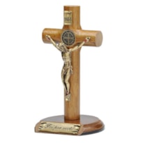 CRUCIFIXO DE MESA SÃO BENTO MADEIRA CILINDRICA -  12CM DE ALTURA