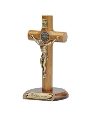 CRUCIFIXO DE MESA SÃO BENTO MADEIRA CILINDRICA - 12CM DE ALTURA