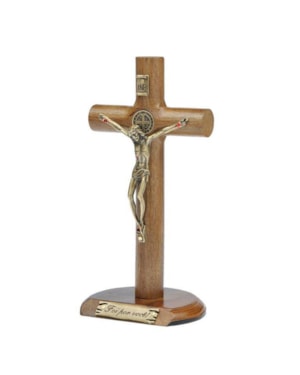 CRUCIFIXO DE MESA SÃO BENTO MADEIRA CILINDRICA - OURO VELHO - 17CM DE ALTURA