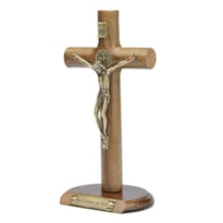 CRUCIFIXO DE MESA SÃO BENTO MADEIRA CILINDRICA - OURO VELHO - 17CM DE ALTURA