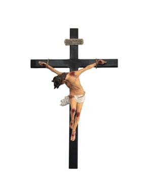 CRUCIFIXO ESTILIZADO, CRUZ MADEIRA, 110CM E CORPO, RESINA, 66CM 