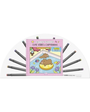 CUTE VIBES AND CAPYBARAS - LIVRO PARA COLORIR COM 12 CANETINHAS
