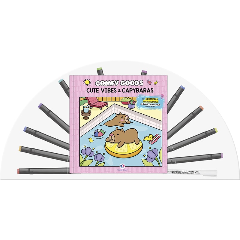 CUTE VIBES AND CAPYBARAS - LIVRO PARA COLORIR COM 12 CANETINHAS