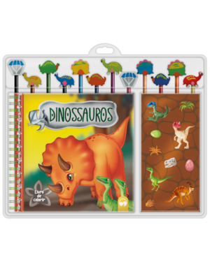 DINOSSAUROS: ESCOLAR LIVRO DE COLORIR COM 12 LÁPIS E 12 BORRACHAS TEMÁTICAS