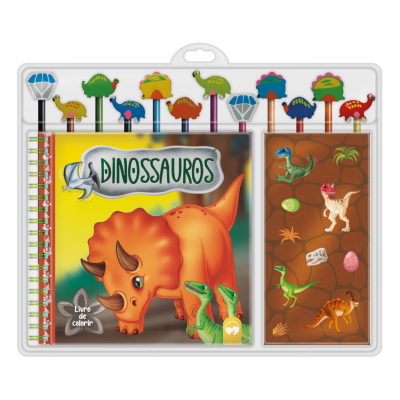 DINOSSAUROS: ESCOLAR LIVRO DE COLORIR COM 12 LÁPIS E 12 BORRACHAS TEMÁTICAS