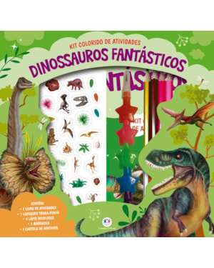 DINOSSAUROS FANTÁSTICOS - KIT LIVRO COM LAPISEIRA, LÁPIS BORRACHA E ADESIVOS