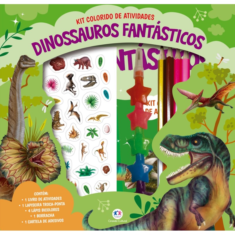 DINOSSAUROS FANTÁSTICOS - KIT LIVRO COM LAPISEIRA, LÁPIS BORRACHA E ADESIVOS