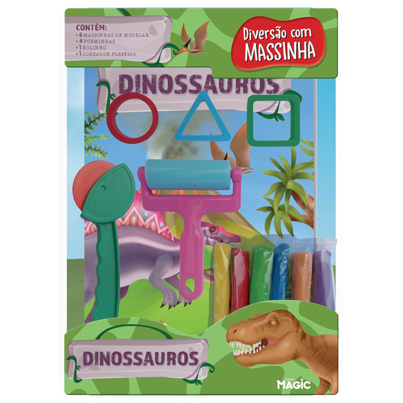 DINOSSAUROS - KIT DIVERSÃO COM LIVRO, 6 MASSINHAS, FORMINHAS, ROLINHO E CORTADOR