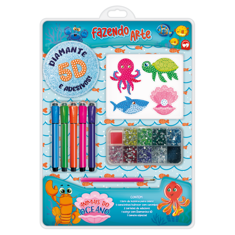 FAZENDO ARTE DIAMANTE 5D - ANIMAIS DO OCEANO: LIVRO DE COLORIR COM CANETINHAS, ADESIVOS E DIAMANTES 5D