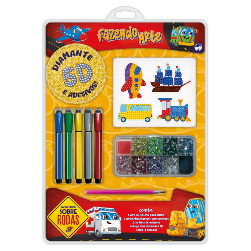 FAZENDO ARTE DIAMANTE 5D - AVENTURA SOBRE RODAS: LIVRO DE COLORIR COM CANETINHAS, ADESIVOS E DIAMANTES 5D