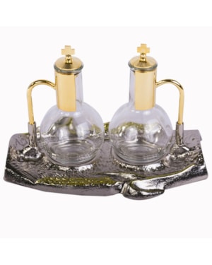 GALHETA ITALIANA COM BASE TRABALHADA PRATA E DOURADA 14CM DE ALTURA