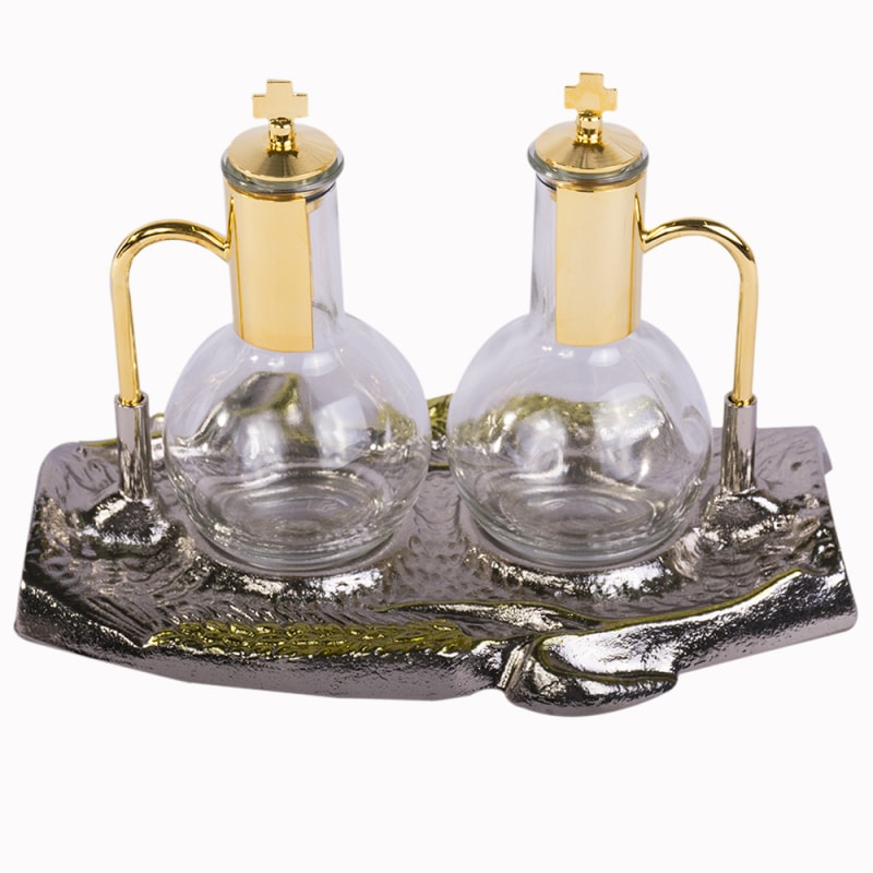 GALHETA ITALIANA COM BASE TRABALHADA PRATA E DOURADA 14CM DE ALTURA