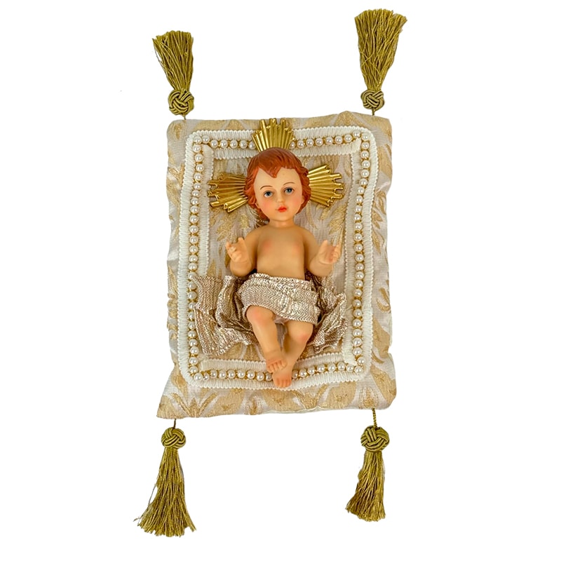 IMAGEM MENINO JESUS 18CM C/ ALMOFADA BRANCA/DOURADA