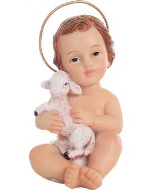 IMAGEM MENINO JESUS COM AURÉOLA E CORDEIRO RESINA 10CM DE ALTURA
