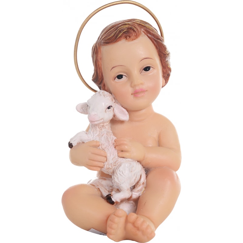 IMAGEM MENINO JESUS COM AURÉOLA E CORDEIRO RESINA 10CM DE ALTURA