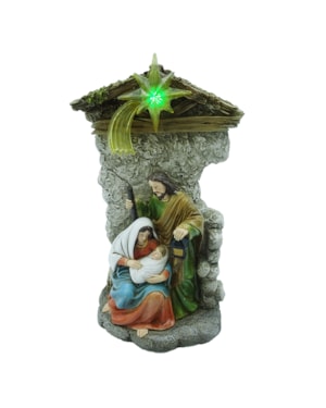 IMAGEM SAGRADA FAMÍLIA 21.8CM DE ALTURA PINTURA TRADICIONALCOM CABANA ESTILO PEDRA