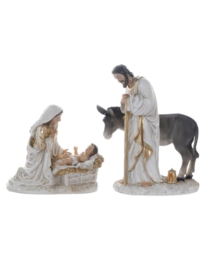 IMAGEM SAGRADA FAMÍLIA 22CM 2 PEÇAS JOSE COM O BURRO E MARIA COM MENINO JESUS PINTURA ROUPA BRANCA COM DETALHES DOURADO