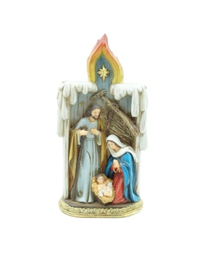 IMAGEM SAGRADA FAMÍLIA 23,5CM DE ALTURA PINTURA TRADICIONAL COM CABANA ESTILO CHAMA