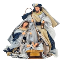IMAGEM SAGRADA FAMÍLIA 25CM ROUPA TECIDO AZUL COM DETALHE PRATEADO