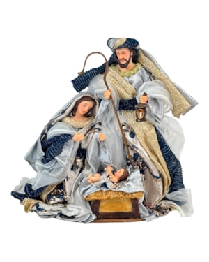 IMAGEM SAGRADA FAMÍLIA 25CM ROUPA TECIDO AZUL COM DETALHE PRATEADO