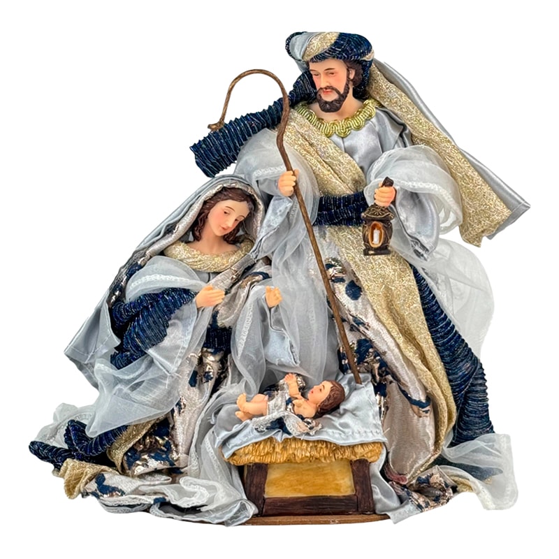 IMAGEM SAGRADA FAMÍLIA 25CM ROUPA TECIDO AZUL COM DETALHE PRATEADO