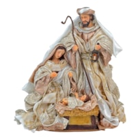 IMAGEM SAGRADA FAMÍLIA 25CM ROUPA TECIDO BRANCA COM DETALHE CHAMPANHE