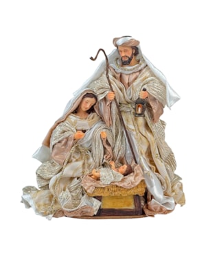 IMAGEM SAGRADA FAMÍLIA 25CM ROUPA TECIDO BRANCA COM DETALHE CHAMPANHE