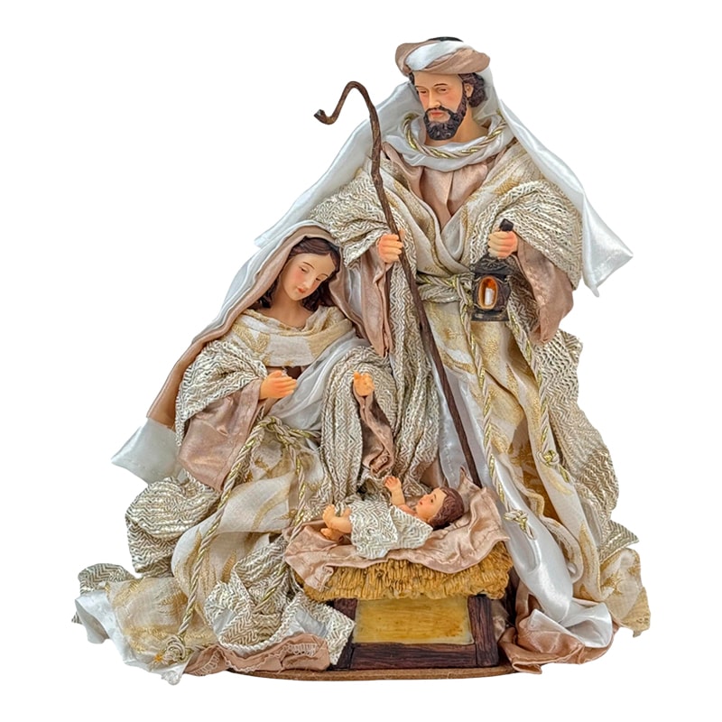 IMAGEM SAGRADA FAMÍLIA 25CM ROUPA TECIDO BRANCA COM DETALHE CHAMPANHE