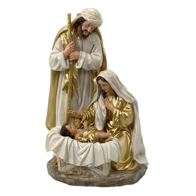 IMAGEM SAGRADA FAMÍLIA 45CM DE ALTURA PINTURA ROUPA BRANCA E DETALHES DOURADO