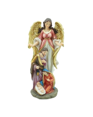 IMAGEM SAGRADA FAMÍLIA COM ANJO 20.6CM DE ALTURA PINTURA COLORIDA COM DETALHES DOURADOS