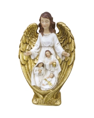 IMAGEM SAGRADA FAMÍLIA COM ANJO 23CM DE ALTURA - BRANCO COM DOURADO