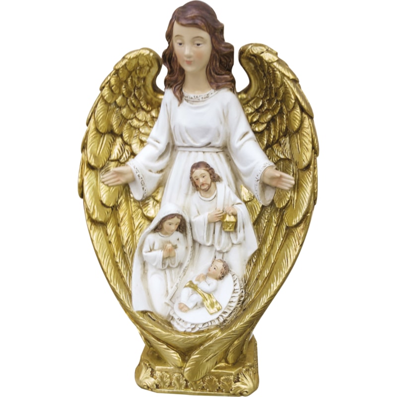 IMAGEM SAGRADA FAMÍLIA COM ANJO 23CM DE ALTURA - BRANCO COM DOURADO