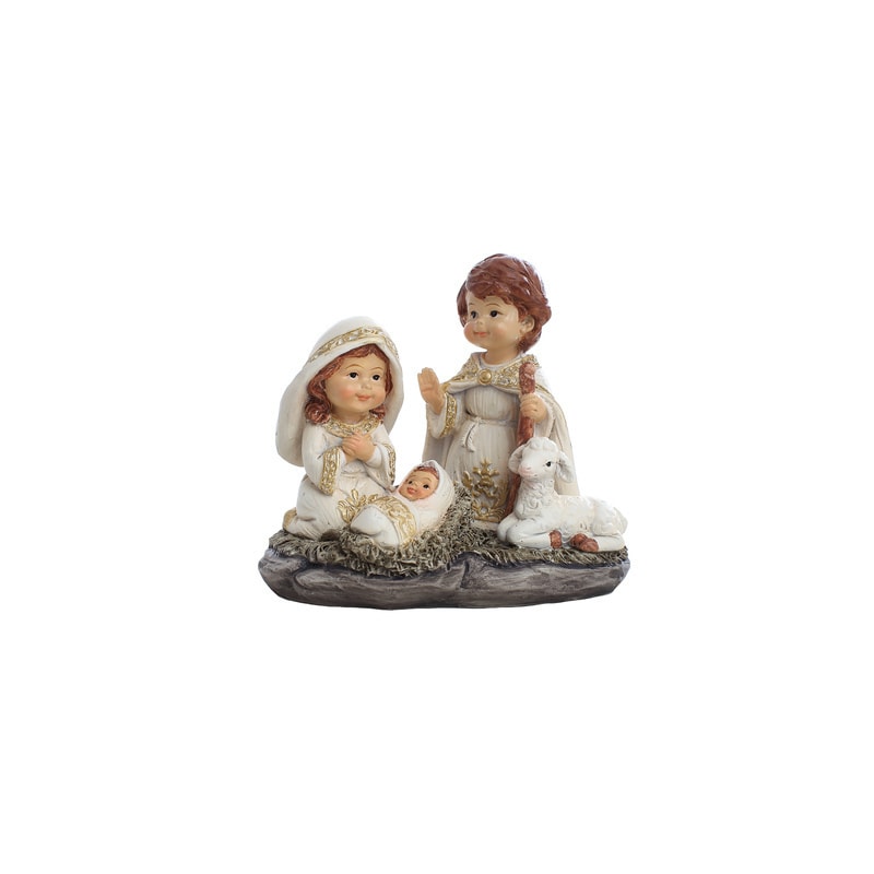 IMAGEM SAGRADA FAMÍLIA INFANTIL 14CM DE ALTURA PINTURA ROUPA BRANCA COM DETALHE DOURADO