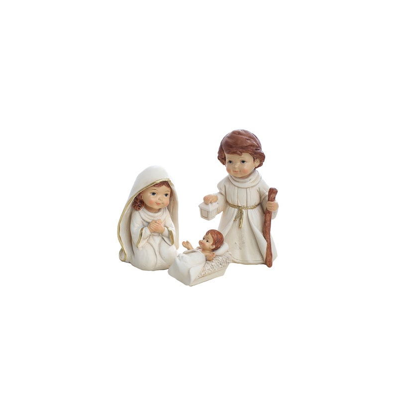 IMAGEM SAGRADA FAMÍLIA INFANTIL C/ 3 PEÇAS 15 CM DE ALTURA PINTURA ROUPA BRANCA COM DETALHE DOURADO