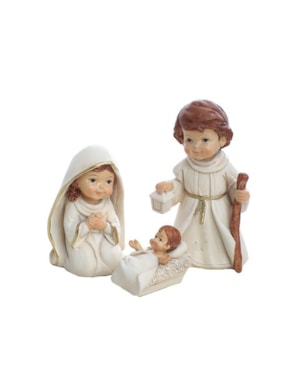 IMAGEM SAGRADA FAMÍLIA INFANTIL C/ 3 PEÇAS 15 CM DE ALTURA PINTURA ROUPA BRANCA COM DETALHE DOURADO