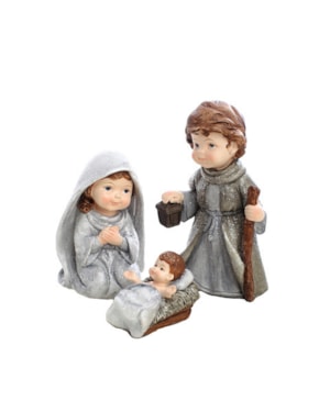 IMAGEM SAGRADA FAMÍLIA INFANTIL C/ 3 PEÇAS 15 CM DE ALTURA PINTURA ROUPA CINZA