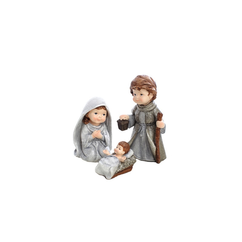 IMAGEM SAGRADA FAMÍLIA INFANTIL C/ 3 PEÇAS 15 CM DE ALTURA PINTURA ROUPA CINZA