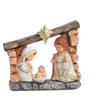 IMAGEM SAGRADA FAMÍLIA INFANTIL COM CABANA 15CM DE ALTURA PINTURA ROUPA BRANCA COM DETALHES DOURADOS