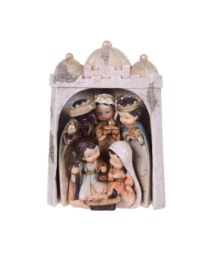 IMAGEM SAGRADA FAMÍLIA INFANTIL COM OS TRES REIS MAGOS E CASTELO DE ENCAIXE 3 PEÇAS 20CM DE ALTURA SANTINI