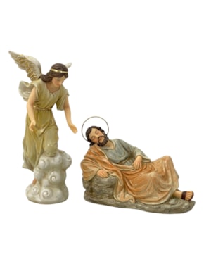 IMAGEM SÃO JOSÉ DORMINDO COM ANJO 20CM DE ALTURA PINTURA CLASSICA COM MANTO LARANJA SANTINI