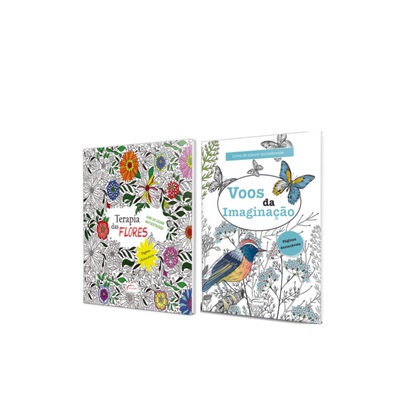 KIT 2 LIVROS DE COLORIR - TERAPIA DAS FLORES E VOOS DA IMAGINAÇÃO